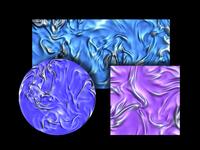 Momentaufnahmen der Scherschichten in Schnittebenen durch die drei turbulenten Strömungen, eine Modellströmung in einem Würfel (lila), eine druckgetriebene Strömung durch einen rechteckigen Kanal (hellblau) und eine thermische Konvektionsströmung, die von der Bodenplatte beheizt wird (blau). Die langgezogenen „Bergrücken“ in den Bildern sind die Scherschichten