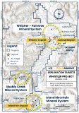 Abbildung 1 Das Whistler-Projekt umfasst drei Gold- ± Kupfer- ± Silber-Mineralisierungssysteme: Whistler – Raintree, das die bestehenden Lagerstätten Whistler und Raintree umfasst; Island Mountain, das die gleichnamige Goldlagerstätte und mehrere weitere, noch nicht erbohrte Ziele umfasst; und Muddy Creek, das Potenzial für die Entdeckung eines intrusiven Gold-Systems bietet. Abbildung 1 Das Whistler-Projekt umfasst drei Gold- ± Kupfer- ± Silber-Mineralisierungssysteme: Whistler – Raintree, das die bestehenden Lagerstätten Whistler und Raintree umfasst; Island Mountain, das die gleichnamige Goldlagerstätte und mehrere weitere, noch nicht erbohrte Ziele umfasst; und Muddy Creek, das Potenzial für die Entdeckung eines intrusiven Gold-Systems bietet.