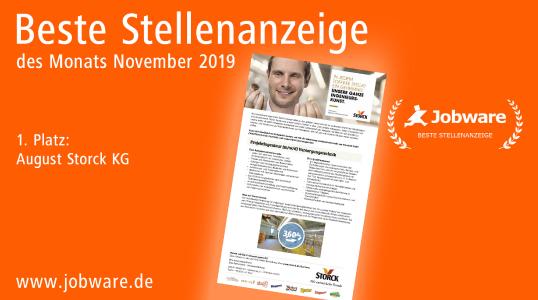 Jobware zeichnet STORCK für beste Stellenanzeige des Monats aus /
Bildrechte: Jobware GmbH
Redaktionelle Veröffentlichung unter Angabe der Quelle (Jobware GmbH) honorarfrei.
