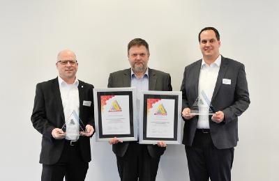 Automation Award für KI beim Rührreibschweißen (von links): Markus Denzin, Vertriebsleiter Region Süd Weidmüller; Michael Corban, Chefredakteur bei Konradin; Frédéric Erben, Corporate Strategy & Communications Grenzebach