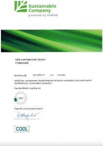 Die offizielle Urkunde "Sustainable Company" für b&b eventtechnik.