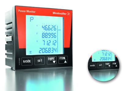Weidmüller POWER MONITOR: measure and record the electrical characteristics of machines and systems. The device records even tiny amounts of power, such as for devices in stand-by mode. Detail: The large keys enable secure navigation of the menu