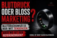 Die Grafik zeigt einen optischen Smart Ring (Oura) mit sichtbaren LED-Sensoren und stellt die provokante Frage „Blutdruck oder bloß Marketing?