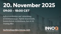 Hintergrund: Gruppe von Menschen, die miteinander diskutieren. Text im Vordergrund: INNOQ Technology Day am 20. November 2025. U.a. mit diesen Themen: Softwarearchitektur, -entwicklung, Data&AI, Digitale Souveränität, Soziotechnische Architekturen, Web Security, Architekturstrategie