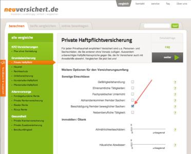 neuversichert.de Filterabfragen Private Haftpflichtversicherung