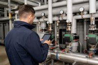 Haustechniker prüft Anlagendaten am Tablet in einer Heizzentrale. Ein Haustechniker steht in der Heizzentrale eines Bürogebäudes vor Verteilern und Pumpen und liest Anlagendaten auf einem Tablet ab. Symbolbild zum Digitalisierungsgrad im Gebäudebetrieb. Bild KI-generiert