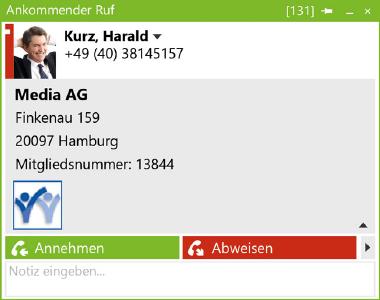 Bei Anrufeingang werden am PC-Bildschirm Informationen über den Anrufer angezeigt