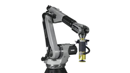 Der QIROX-Roboter QRC-30/45/60-PL von CLOOS und die vielfältigen, sensitiven End-Effektoren (im Bild der AAK) von FerRobotics bilden eine optimale Symbiose für kundenspezifische automatisierte Schleiflösungen