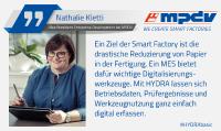 Expertenstatement von Nathalie Kletti, Vice President Enterprise Development bei MPDV, zum Thema Reduzierung von Papier in der Produktion. Bildquelle: MPDV Expertenstatement von Nathalie Kletti, Vice President Enterprise Development bei MPDV, zum Thema Reduzierung von Papier in der Produktion. Bildquelle: MPDV