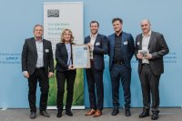 Prof. Dr.-Ing. Jens Hesselbach (Beiratsvorsitzender KSU), Bundesministerin Steffi Lemke (BMUV), Julius Ort (Klimamanager SKZ), Erik Pfeifer (Referatsleiter Betrieblicher Klimaschutz DIHK); Philipp Andree (Geschäftsführer KSU) (v.l.n.r.)