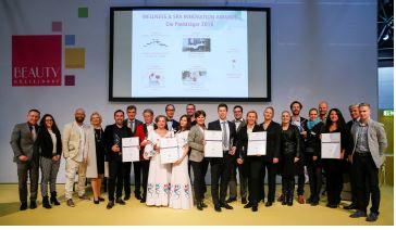 The winners of the Wellness & Spa Innovation Awards at a glance. They all have been rewarded with a trophy and celebrated in an exciting awards show on stage (Picture source: Messe Düsseldorf)