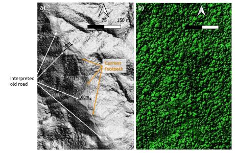 Figure 1. a) LiDAR "Bare Earth" image showing the road-like feature, which is up to 60m wide, and the superimposed footpath that is currently in use by the local people; b) the same area showing the LiDAR image of the jungle canopy in which the road-like structure is imperceptible