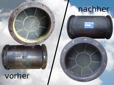 Schiffspartikelfilter vor und nach der Reinigung