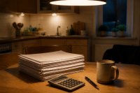 Küchentisch mit Vertragsunterlagen und Taschenrechner am Abend