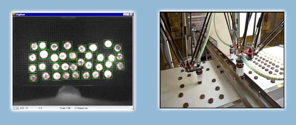 Vision-guided robots is quite common. The camera acquires an image, and software processes the image. In this cookie sorting application, the robots place different shaped cookies into a blister tray for packaging. The imaging software will help determine the correct shape of the cookie, index it so as not to overfill the tray, and send coordinate information to the robot