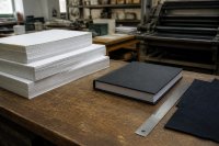 Stapel weißer Druckbogen neben einer gebundenen Arbeit auf dem Tisch einer Druckerei - Auf einem Arbeitstisch in einer kleinen Druckerei liegen mehrere Stapel weißer, unbedruckter Papierbogen unterschiedlicher Stärke, daneben eine frisch gebundene Arbeit mit dunklem Einband, ein Papierschneidelineal und ein Stück Buchbinderleinen. Symbolbild zur Produktion grafischer Papiere und zum Druck von Abschlussarbeiten. Bild KI-generiert.