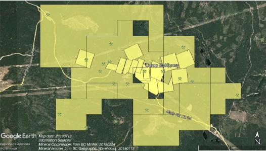 Map showing Ximen land package in McKinney Gold Camp