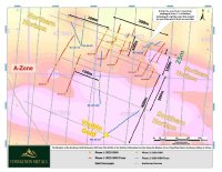 Abbildung 1 – Planansicht von N2-26-033 zusammen mit den Phase-1 und Phase-2-Bohrungen auf dem nördlichen Horizont des westlichen Kerns der Zone A. N2-26-033 erweitert den nördlichen Horizont um etwa 25+ m über seine zuvor modellierte Grenze hinaus
