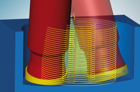 5axis helical drilling: The tool plunges into the material quickly and efficiently. Image source: OPEN MIND