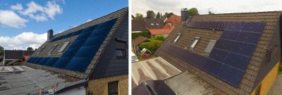 05 Links, Planung der PV mit Bildvorlage. Rechts, die fertig installierte Photovoltaik ©privat/Powertrust / Herausgeber: Powertrust GmbH aus Bremen