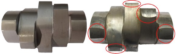 Ein neuwertiges Schneckenelement (links) und ein verschlissenes Schneckenelement (rechts). Ein am SKZ entwickeltes Messsystem erlaubt die Bewertung des Schneckenverschleißes inline im Prozess. Ein Ausbau und visuelle Beurteilung sind nicht mehr notwendig. (Foto: SKZ)