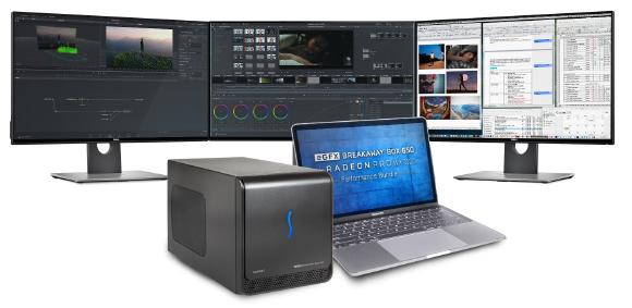 Der MacBook Pro im Einsatz mit der mit der AMD Radeon™ Pro WX 9100 Grafikkarte und eGFX Breakaway Box 650 von Sonnet für kreative Anwendungen mit Thunderbolt 3.