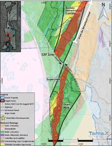 Figure 1 – Location of relogged and sampled drill holes on the North Giant Extension within the Barney Deformation Corridor (BDC) on TerraX’s property. The relogged core area is shown as an extension of the GKP mine, which is the faulted extension of the Supercrest deposit, which was the highest grade gold deposit from the Giant Mine