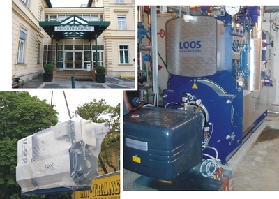 Left: The historic private clinic building and moving of the boiler into the building; right: the installed system after commissioning