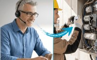 Lösung gegen Fachkräftemangel: Remote-Mentoring mit tele-LOOK. Die Grafik zeigt visuellen Remote-Support in der Praxis. Links unterstützt der Experte aus der Zentrale, rechts setzt der Techniker vor Ort am Schaltschrank die Video-Anleitung per Smartphone um. Ideal für effiziente Instandhaltung, digitalen Wissenstransfer und Kostensenkung im Service. Visuelle Fernwartung verbindet Büro und Baustelle in Echtzeit.
