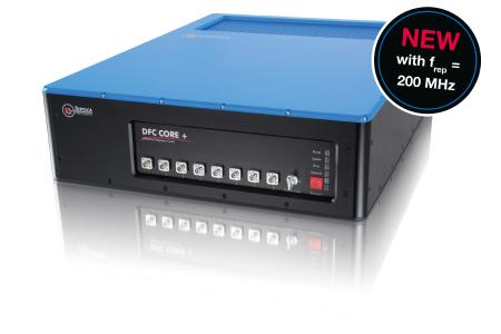 DFC CORE + : Compact, robust, high-end and convenient. The DFC CORE + is a robust, 19 inch compatible optical frequency comb based on Erbium fiber technology. It is the core system for applications like optical clocks, micro wave generation or phase-locking of cw-lasers and can be equipped with additional wavelength extensions and options.