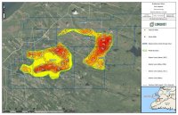 Abbildung 1. Endgültiges Modell der Salzmächtigkeit auf Basis der Gravitationsinversion für das Salzprojekt Robinsons River, das den durch Bohrungen erprobten westlichen Block sowie die noch nicht erprobten westlichen und östlichen Gravitationsanomalien zeigt. Die Konturlinien stellen die modellierte Bruttodicke des Salzintervalls in Metern dar. Die Inversion geht von einer festen Geometrie der Ship Cove Limestone-Struktur und einer Salzdichte von 2,30 Gramm pro Kubikzentimeter aus. Die kartierten Mächtigkeiten sind interpretativ, wurden nicht durchgehend durch Bohrungen verifiziert und stellen keine Schätzung der Mineralressource oder Mineralreserve dar