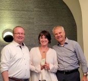 Frank Wolinski (VP Channel Sales EMEA ST), Birgit Ziegler (Supplier Development Manager EBV Elektronik) and Thomas Staudinger (President EBV Elektronik)