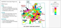 Abbildung 1: Bezirk JOY: Großräumige Mineralsysteme beherbergen die Entdeckungen AuRORA, CANYON und TWINS, die Lagerstätten PINE und Brenda sowie die Sulfidsysteme NWG, ROE, MEX und weitere Sulfidsysteme