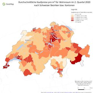 Durchschnittliche Kaufpreise pro m² für Wohnraum im 2. Quartal 2020 nach Schweizer Bezirken bzw. Kantonen // Quelle: geomap GmbH