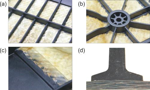 Lokal funktionalisierte Organobleche: Kreuzrippenmuster (a), Lasteinleitungszone (b), umsäumter Randbereich einer Textilverstärkung (c), Versteifungsrippe mit ausgeprägtem Rippenfuß im Schliffbild (d) / Bilder: ILK
