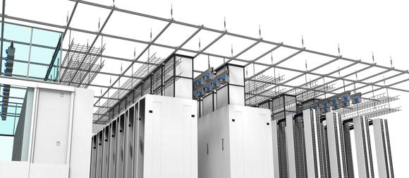 Das Deckentragsystem ermöglicht die Abhängung von Stromschienen, Kabeltrassen und Beleuchtung sowie die Errichtung von Sicherheitskäfigen, Warmgangeinhausungen und Kanälen für die Warmluftrückführung.