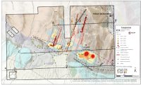 Abbildung 1 Bohrstandorte (grün) mit Gesteinsproben aus den Jahren 2024 und 2025, Wolfram-Bodenergebnissen aus dem Jahr 2025, interpretierter Geologie und Bodenproben aus dem Jahr 2026, deren Analyseergebnisse noch ausstehend sind. Alle Querschnittslinien fallen mit den Linien der jüngsten geophysikalischen Untersuchungen zusammen. Die Bohrprioritäten für 2026 bestehen darin, die SE-Wolfram-Anomalie, die Tiefenerweiterung von Erzgang 1 mit dem Potenzial, weitere interpretierte Erzgänge in Richtung Westen abzugrenzen, die potenzielle südliche Erweiterung des Erzgangkomplexes Spartan A, B und C sowie oberflächennahe geophysikalische Anomalien mit beträchtlichem Potenzial zu erproben. Von einem Bohrstandort aus können mehrere Bohrlöcher gebohrt werden