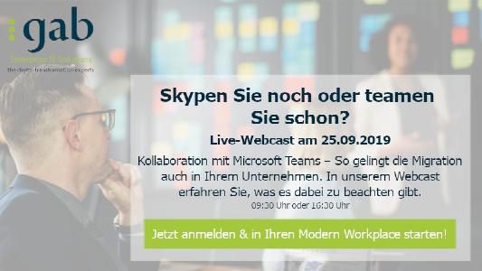 Skypen Sie noch oder teamen Sie schon? In unserem Live-Webcast am 25.09.2019 zeigen wir Ihnen, was es bei einer erfolgreichen Einführung unbedingt zu beachten gibt