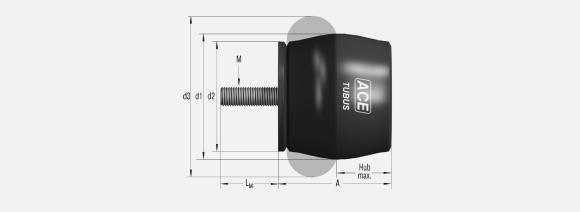 Kompakte Bauform bei hoher Kraftaufnahme von 870 N bis 90.000 N zeichnen alle Vertreter der TUBUS-TA-Familie aus. Sie arbeiten axial dämpfend und sind speziell für ein Maximum an Energieaufnahme im Kraftbereich von 2 Nm bis 2.951 Nm pro Hub entwickelt worden / Foto-Grafiknachweise: ACE Stoßdämpfer GmbH
