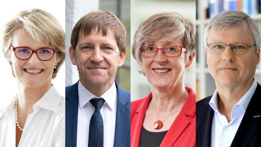 Live im Netz: Bundesforschungsministerin Anja Karliczek diskutiert mit Dr. Jürgen Eck (Bioökonomierat der Bundesregierung), Prof. Dr. Bettina Siebers (Institut für Molekulare Enzymtechnologie und Biochemie, Universität Duisburg-Essen) und Prof. Dr. Karl-Erich Jaeger (Forschungszentrum Jülich). © BMBF / Wissenschaftsjahr