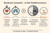 Die Grafik erklärt die Dynamik des Blutdrucks in fünf zeitlichen Ebenen – von Sekunden bis Tagen. Sie zeigt, dass Blutdruck ständig schwankt: von der Herzaktion (1. Ordnung) über die atemabhängige Regulation (2.) und Mayer-Wellen (3.) bis zu zirkadianen Rhythmen (4.) und ereignisbedingten Schwankungen (5.). Das Modell verdeutlicht, dass Schwankung kein Fehler, sondern ein zentrales Steuerprinzip des Kreislaufs ist. Die Grafik erklärt die Dynamik des Blutdrucks in fünf zeitlichen Ebenen – von Sekunden bis Tagen. Sie zeigt, dass Blutdruck ständig schwankt: von der Herzaktion (1. Ordnung) über die atemabhängige Regulation (2.) und Mayer-Wellen (3.) bis zu zirkadianen Rhythmen (4.) und ereignisbedingten Schwankungen (5.). Das Modell verdeutlicht, dass Schwankung kein Fehler, sondern ein zentrales Steuerprinzip des Kreislaufs ist.