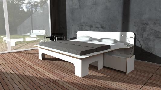 Beispiel Rendering eines mit SOLIDWORKS und SWOOD Design entworfenen Bettes (DPS Software für Müller Möbelwerkstätten)