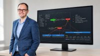 Philipp Ghirardini im Vordergrund, der Alarmierungsprozess auf dem Monitor im Hintergrund: IT-Alarmierung und Eskalationsmanagement mit WOTAN Monitoring unterstützen die rechtzeitige Reaktion auf Störungen digitaler Geschäftsprozesse.
