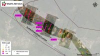 Figure 1. Puma proposed drilling, in plan view with locations of sections A - C. The 3D wire frames are the inferred vein targets, which are the focus of the drilling program