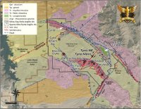 Abbildung 1: Plan des Konzessionsgebiets Gold Chain mit Hervorhebung der Geologie und der Zielgebiete 2026/27