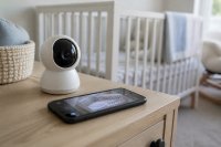 Kleine WLAN-Kamera auf einer Kommode im Kinderzimmer, daneben ein Smartphone mit Kamera-App. Eine kleine weiße WLAN-Kamera mit rundem Objektiv steht auf einer hellen Kommode im Kinderzimmer, im Hintergrund unscharf ein Gitterbett, davor liegt ein Smartphone mit einer geöffneten Kamera-App mit unleserlichen Bedienelementen. Symbolbild zu Cloud-Kameras im Kinderzimmer und zur Sicherheit vernetzter Geräte. Bild KI-generiert