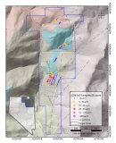 Abbildung 1: Ergebnisse für Wolfram im Boden (ppm) und wichtige Zielgebiete für Phase 2. Das blaue Polygon zeigt die Karbonateinheit (OCtd), die als wichtige Einheit im Zusammenhang mit der Wolframmineralisierung interpretiert wird