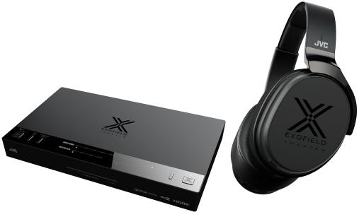 Das JVC EXOFIELD HOME THEATER SYSTEM besteht aus einem hochwertigen Kopfhörer mit integrierten Messmikrofonen und einer Prozessoreinheit, die über HDMI mit dem TV-Gerät und den Zuspielquellen verbunden wird.