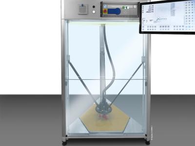 Durch die Konstruktion auf einer dreieckigen Grundfläche und die Verwendung der Parallelkinematik ist der inv3nt delta besonders gut skalierbar. Die CNC-Bedienoberfläche Xemo NC ist auf dem Touch-PC vorinstalliert.