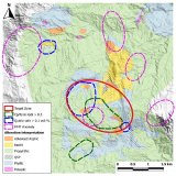 Figure 1: Main Anaconda method mapping results at the Awacha target area (high-priority target zone outlined in red) with select interpreted MobileMT anomalies (magenta outlines). Cp = chalcopyrite; Py = pyrite. 